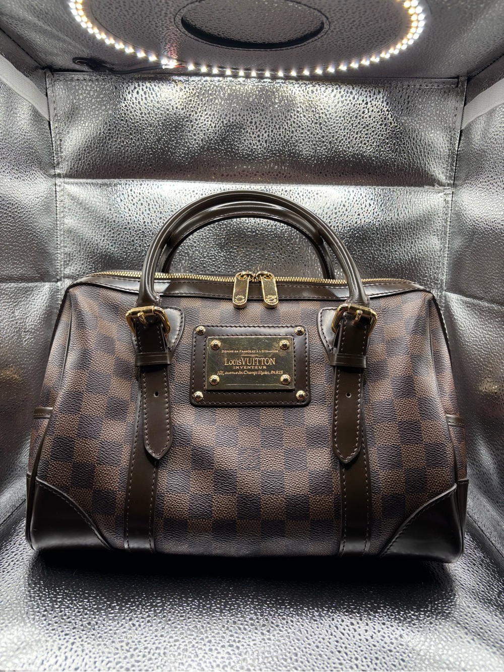 Source Unknown Dark Brown Checker Duffel with Gold Hardware